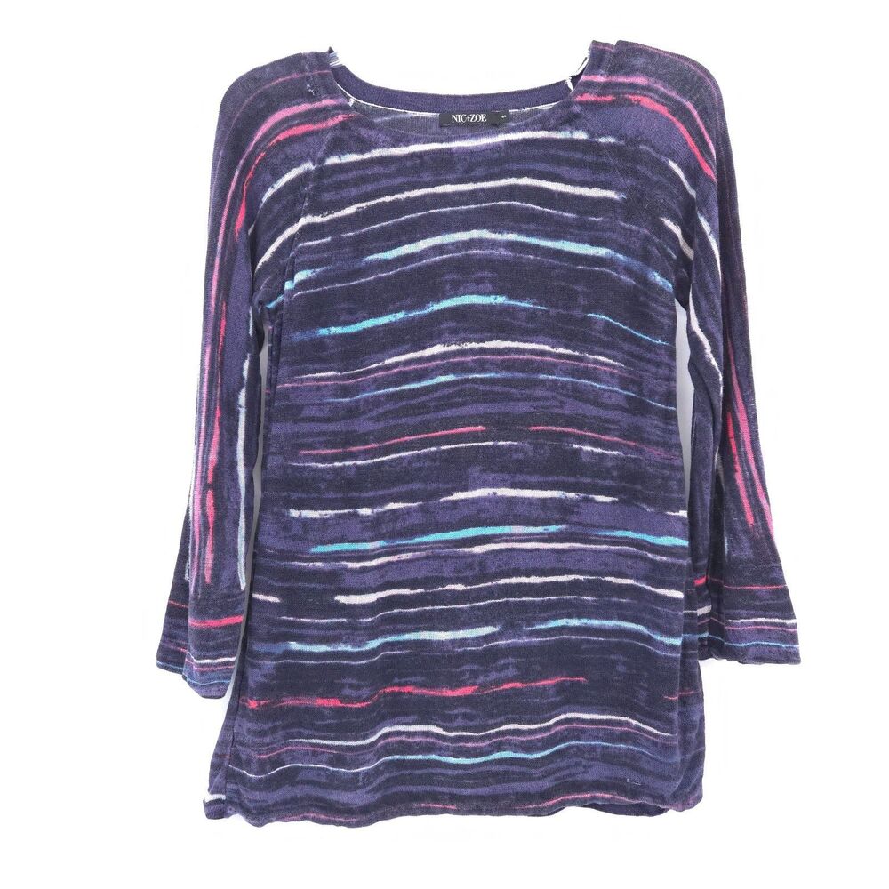 Nic + Zoe linen blend lightweight striped pullover sweater Size S beach artsy
